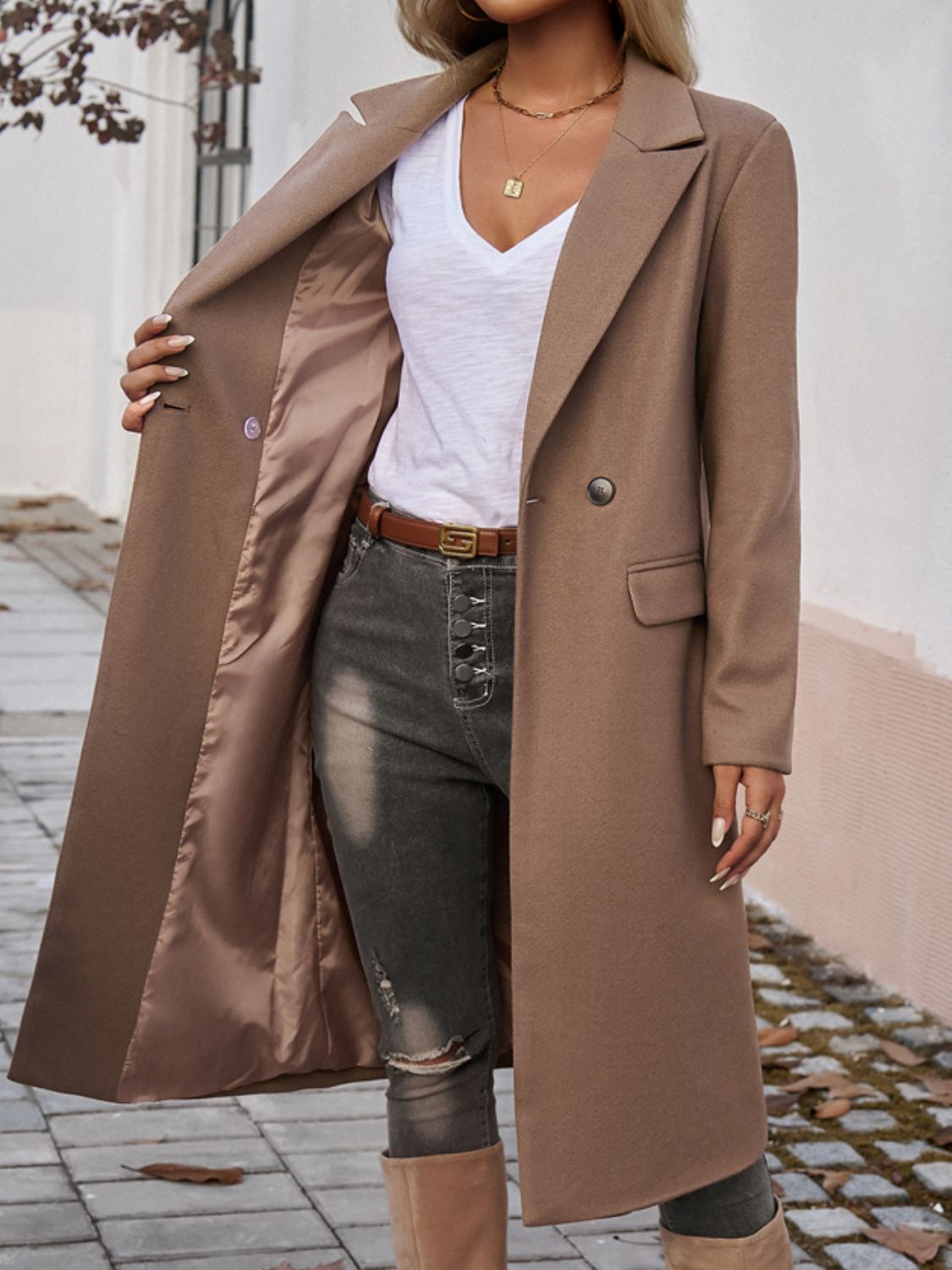 Devine Pocketed Collared Neck Long Sleeve Coat - Luxe4Everyday Coat