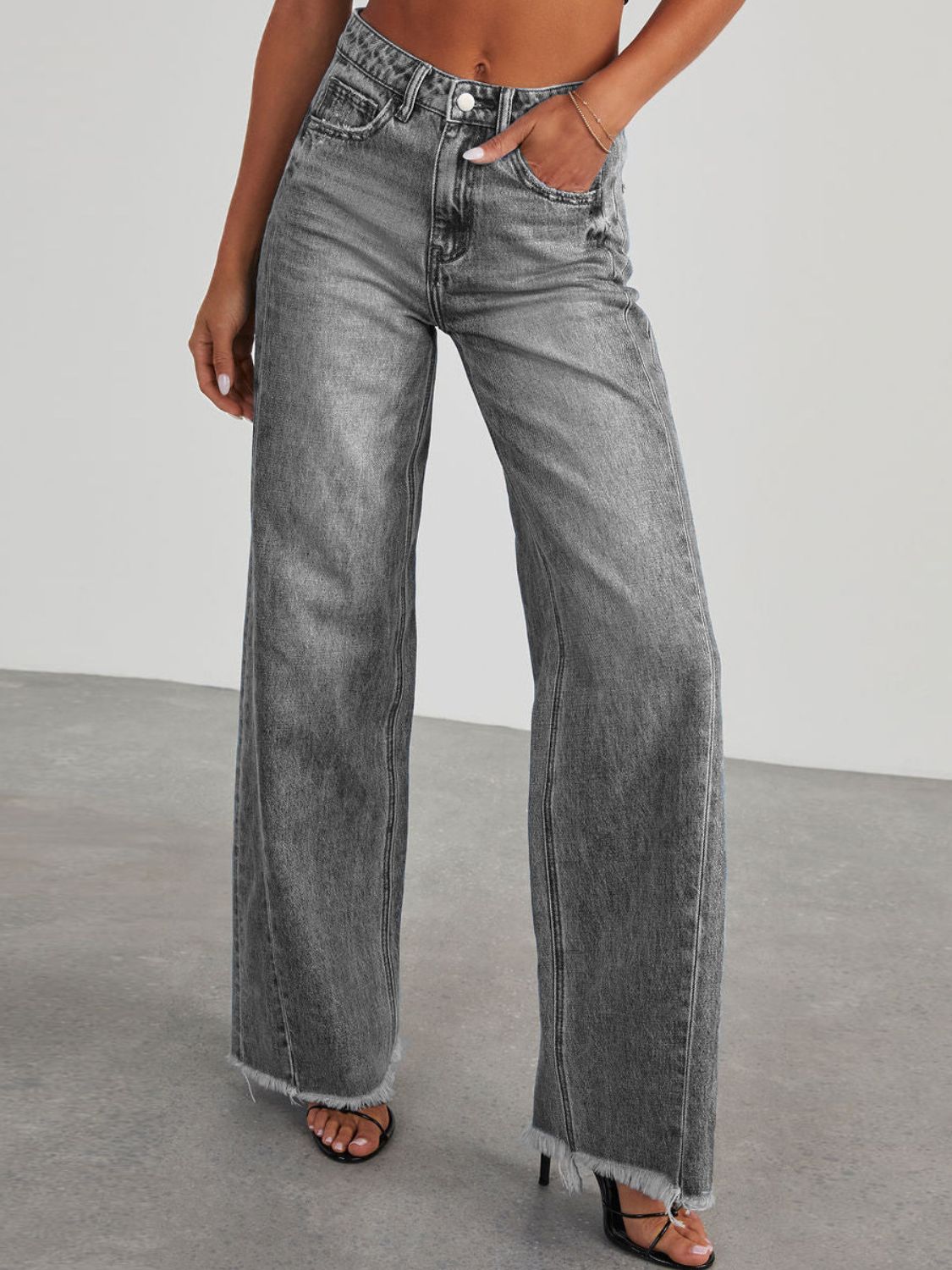 Raw Hem Wide Leg Jeans with Pockets - Luxe4Everyday Dark Gray / S Jeans