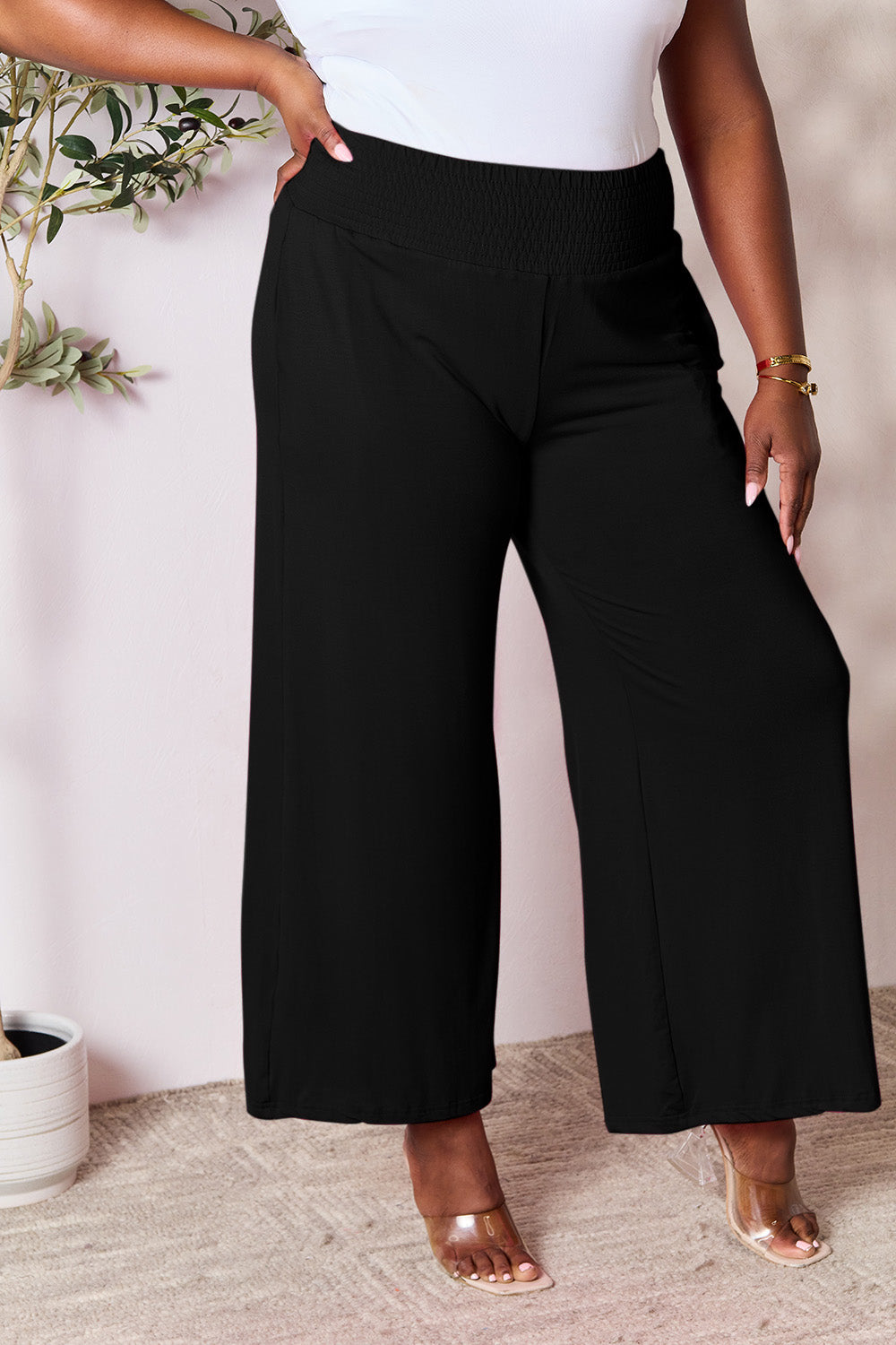 Double Take Full Size Smocked Wide Waistband Wide Leg Pants - Luxe4Everyday Pants