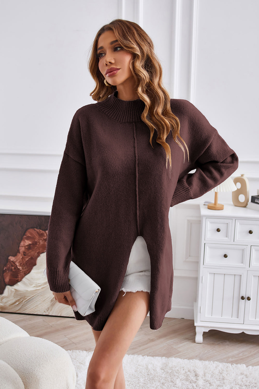 Exposed Seam Mock Neck Slit Sweater - Luxe4Everyday Sweater