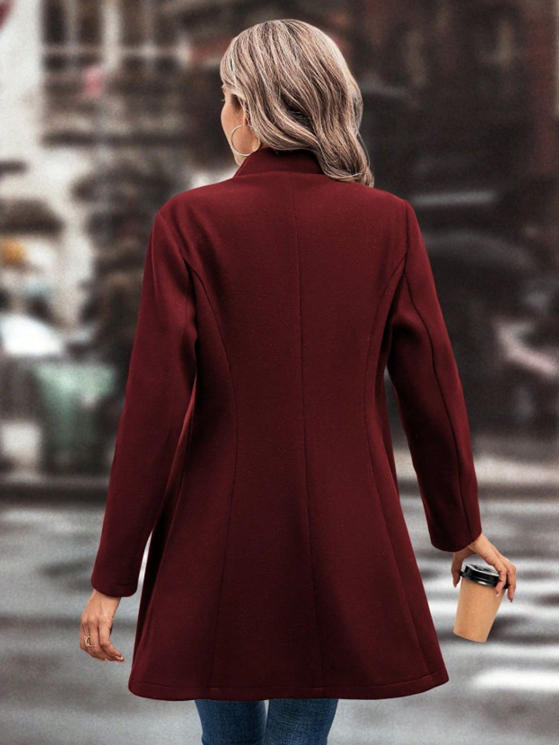 Collared Neck Button Up Long Sleeve Coat - Luxe4Everyday Burgundy / S Coat