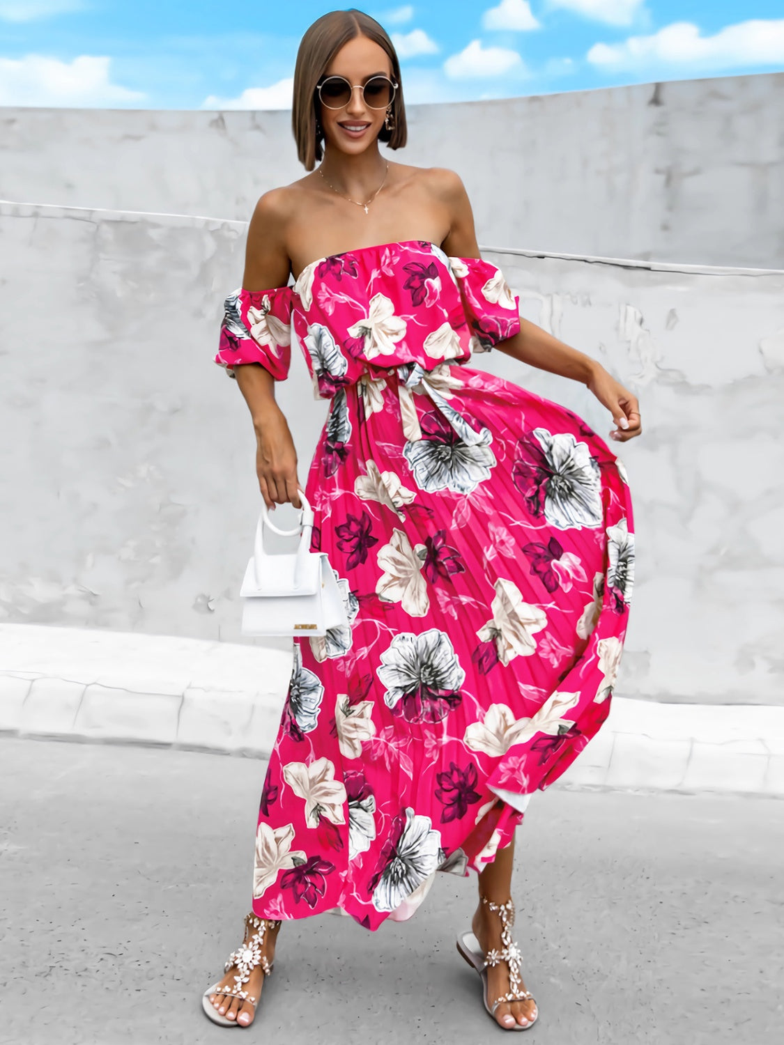 Pleated Floral Off-Shoulder Short Sleeve Midi Dress - Luxe4Everyday Hot Pink / S Dress