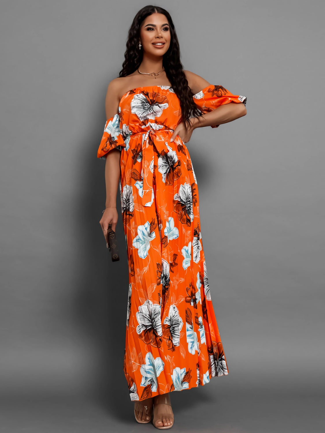 Pleated Floral Off-Shoulder Short Sleeve Midi Dress - Luxe4Everyday Dress