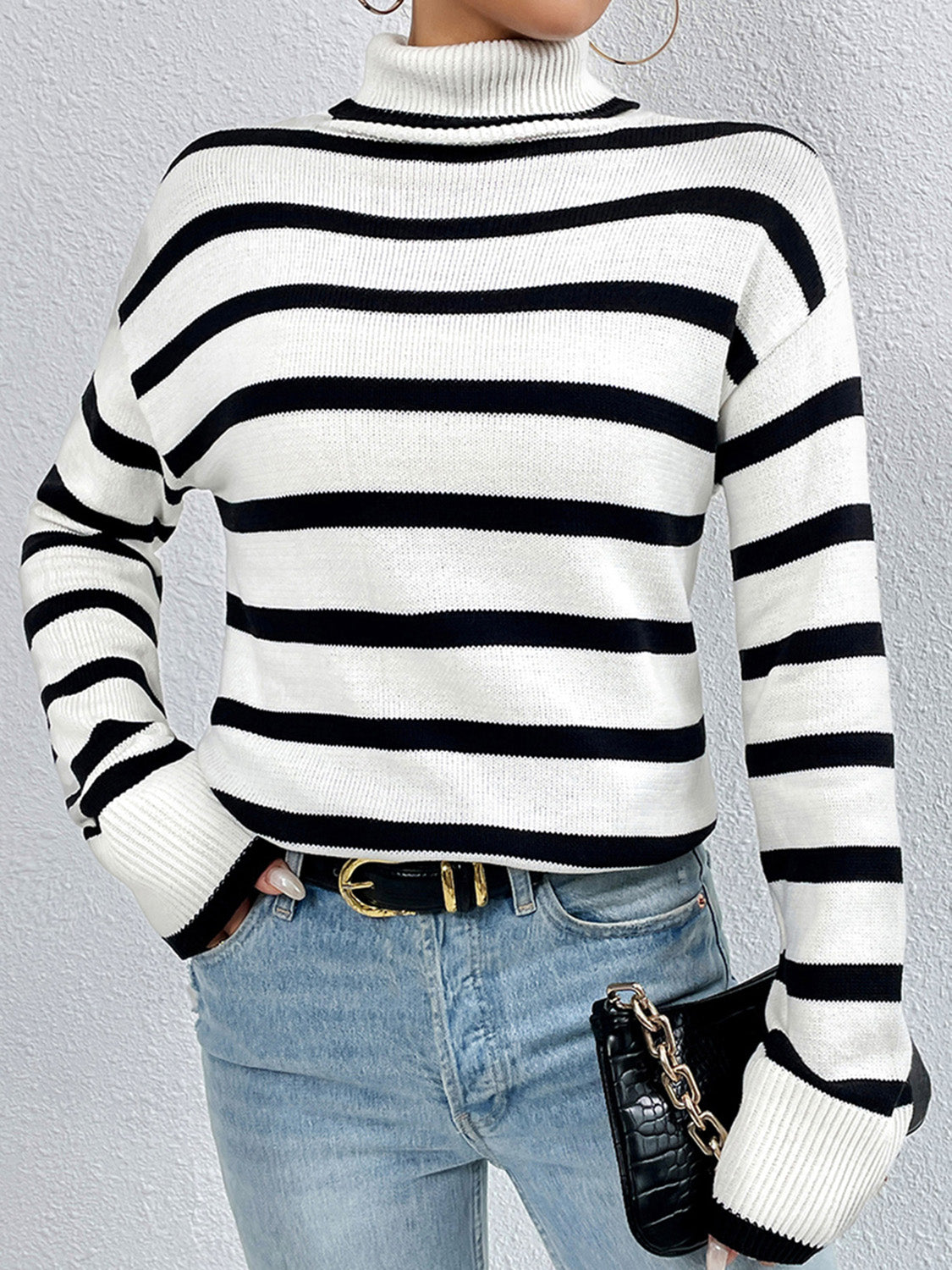 Striped Turtleneck Long Sleeve Sweater - Luxe4Everyday White / S Sweater