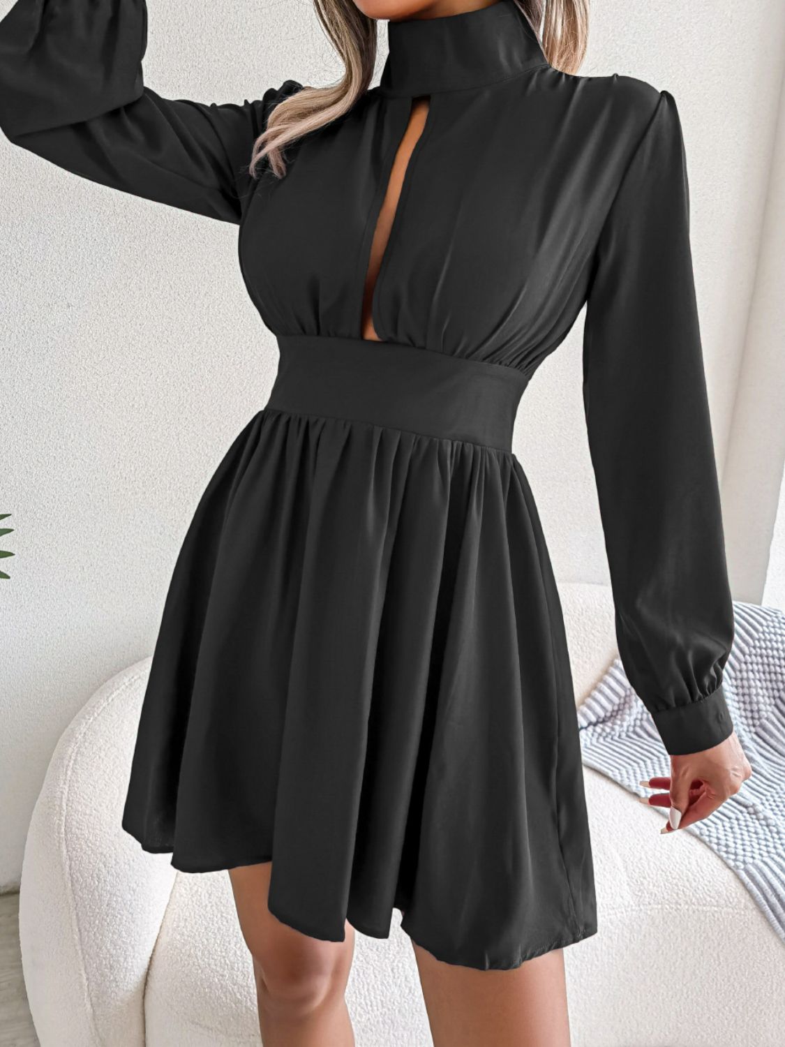 Cutout Turtleneck A-Line Mini Dress - Luxe4Everyday Black / S Dress