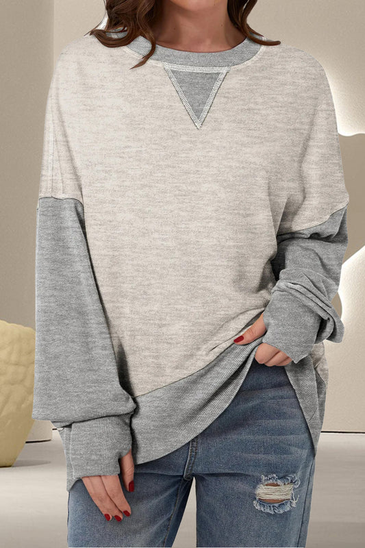 Contrast Round Neck Long Sleeve Sweatshirt - Luxe4Everyday Light Gray / S Sweater