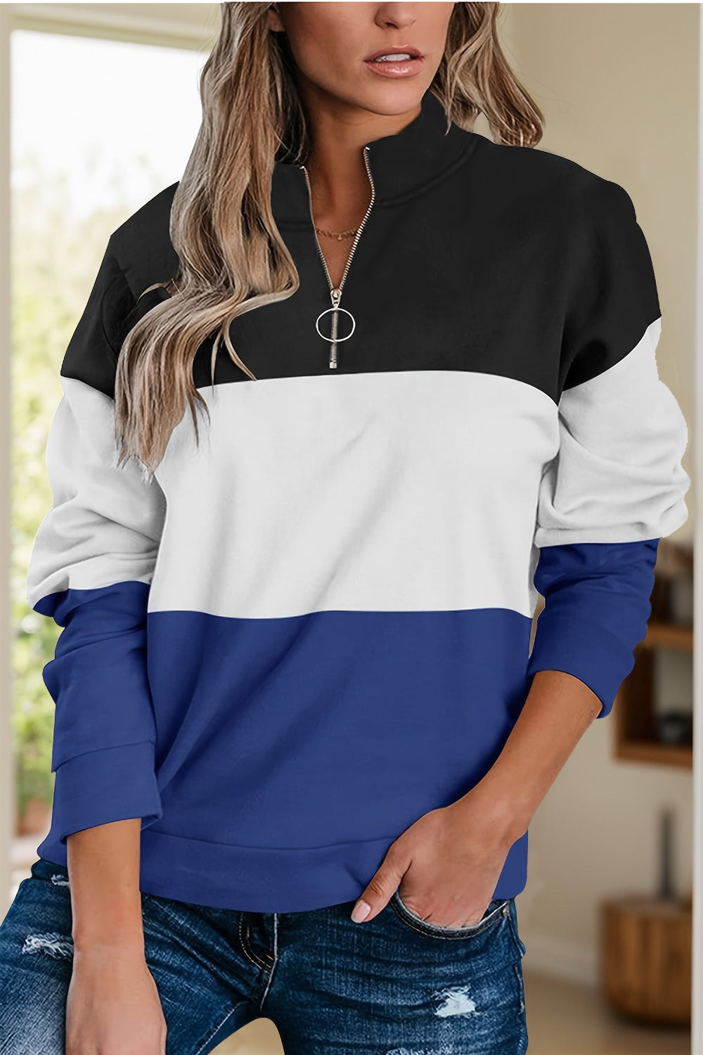 Full Size Color Block Quarter Zip Long Sleeve Sweatshirt - Luxe4Everyday Navy / S Sweater