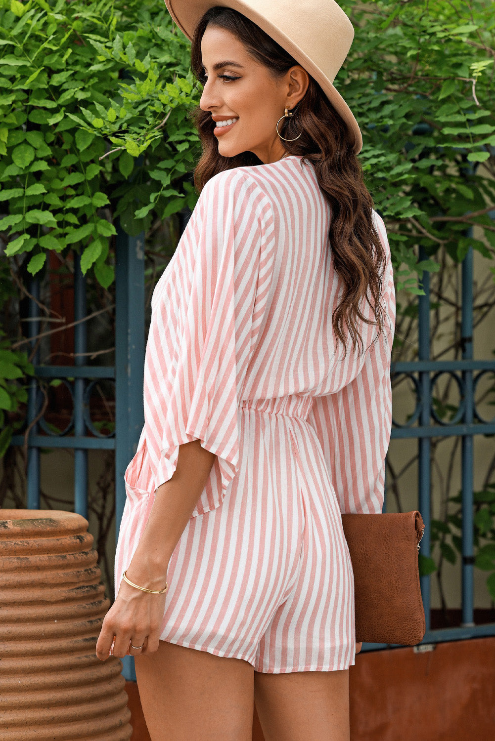 Bow Striped Kimono Sleeve Romper - Luxe4Everyday Blush Pink / S Rompers