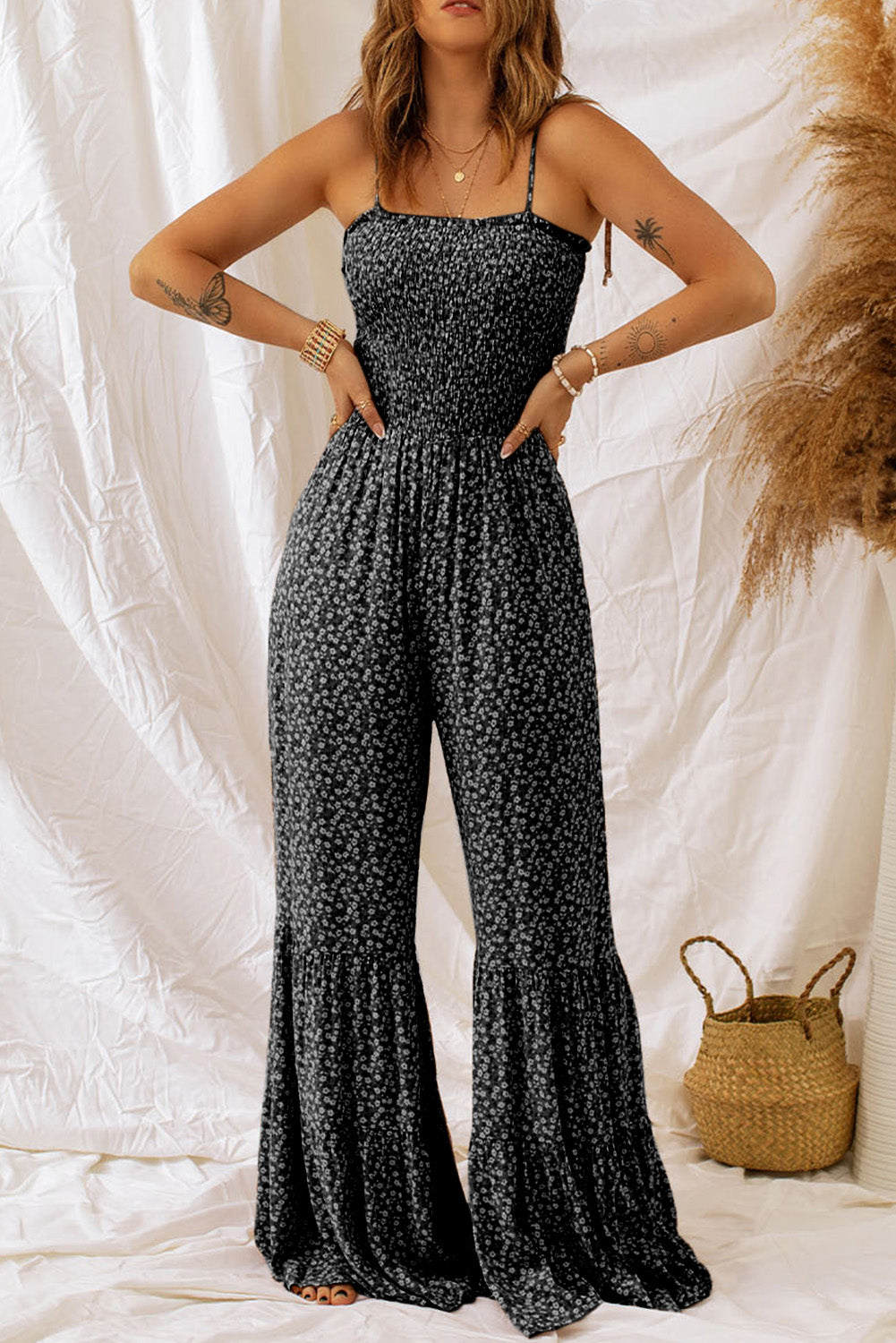 Floral Spaghetti Strap Wide Leg Jumpsuit - Luxe4Everyday Black / S Jumpsuit