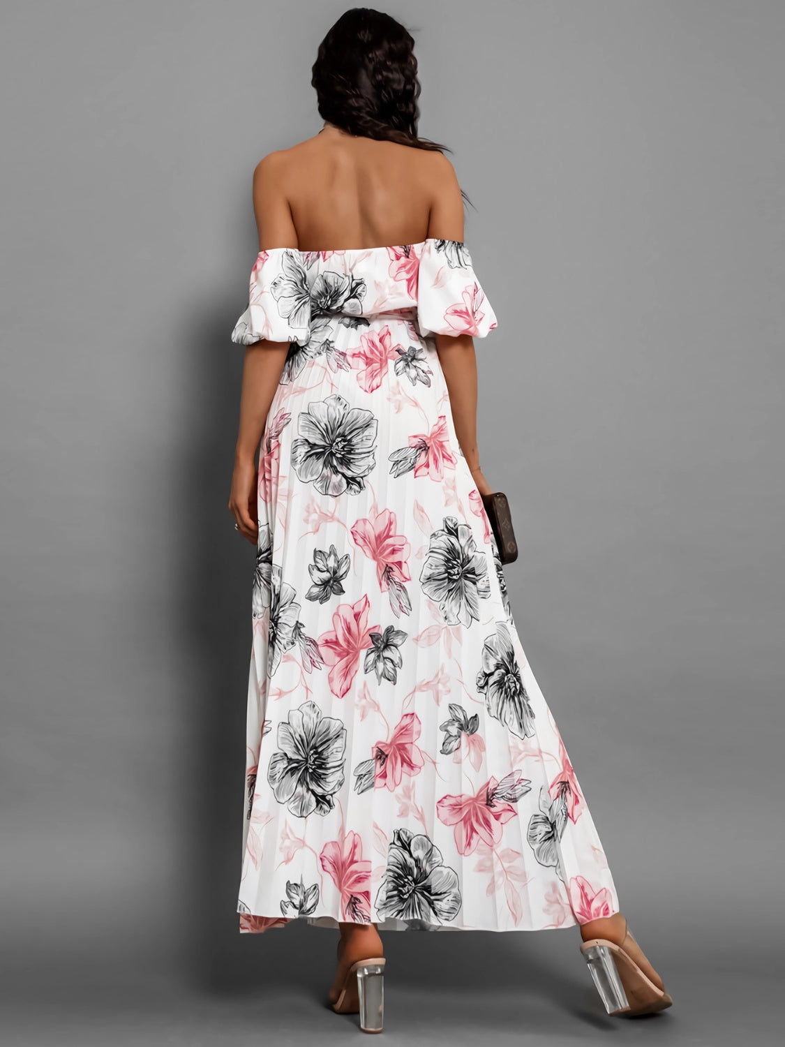 Pleated Floral Off-Shoulder Short Sleeve Midi Dress - Luxe4Everyday Dress