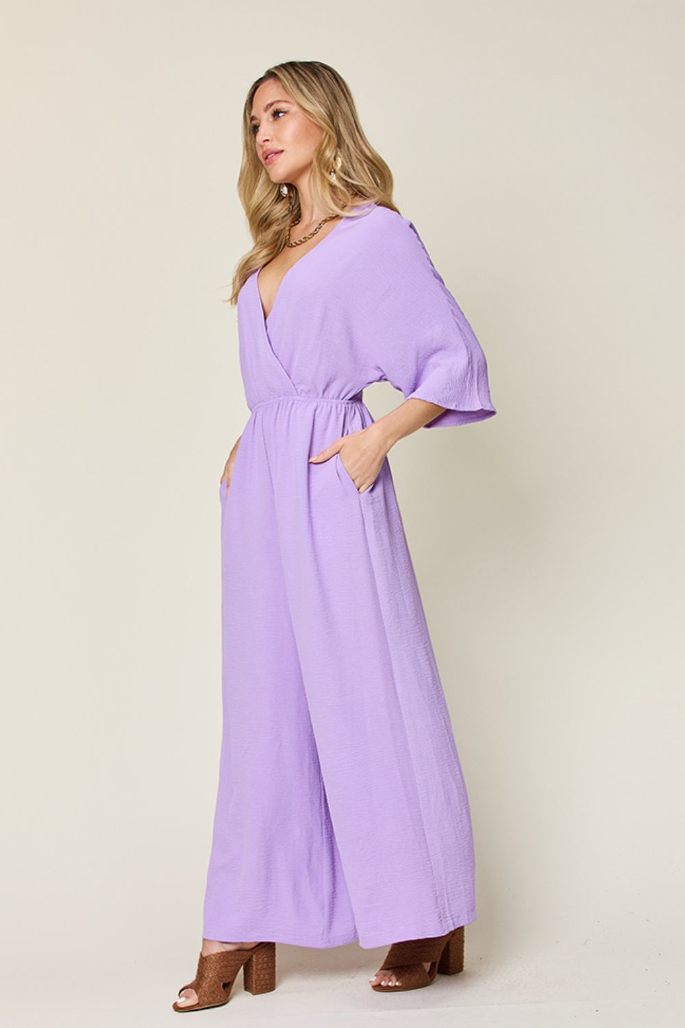 Double Take Full Size Surplice Wide Leg Jumpsuit with Pockets - Luxe4Everyday Jumpsuit