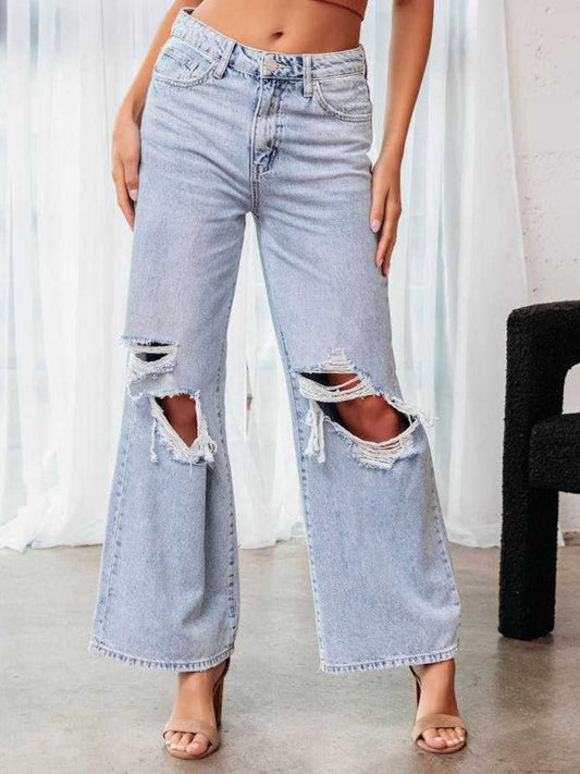 Distressed Wide Leg Jeans with Pockets - Luxe4Everyday Light / S Jeans