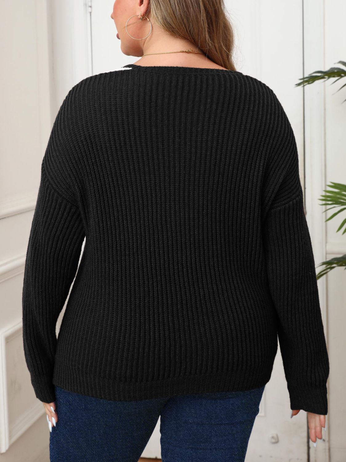 Plus Size Contrast Dropped Shoulder Long Sleeve Sweater - Luxe4Everyday Black / 1XL Sweater