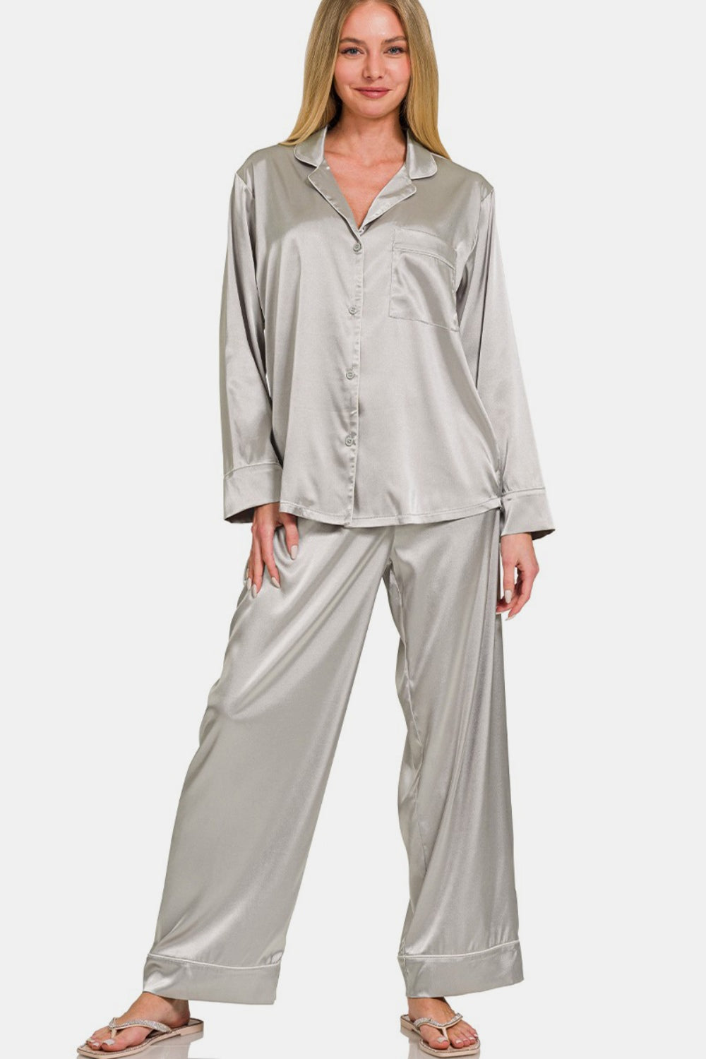 Zenana Satin Long Sleeve Shirt and Pants Pajama Set - Luxe4Everyday Silver / S Lounge wear