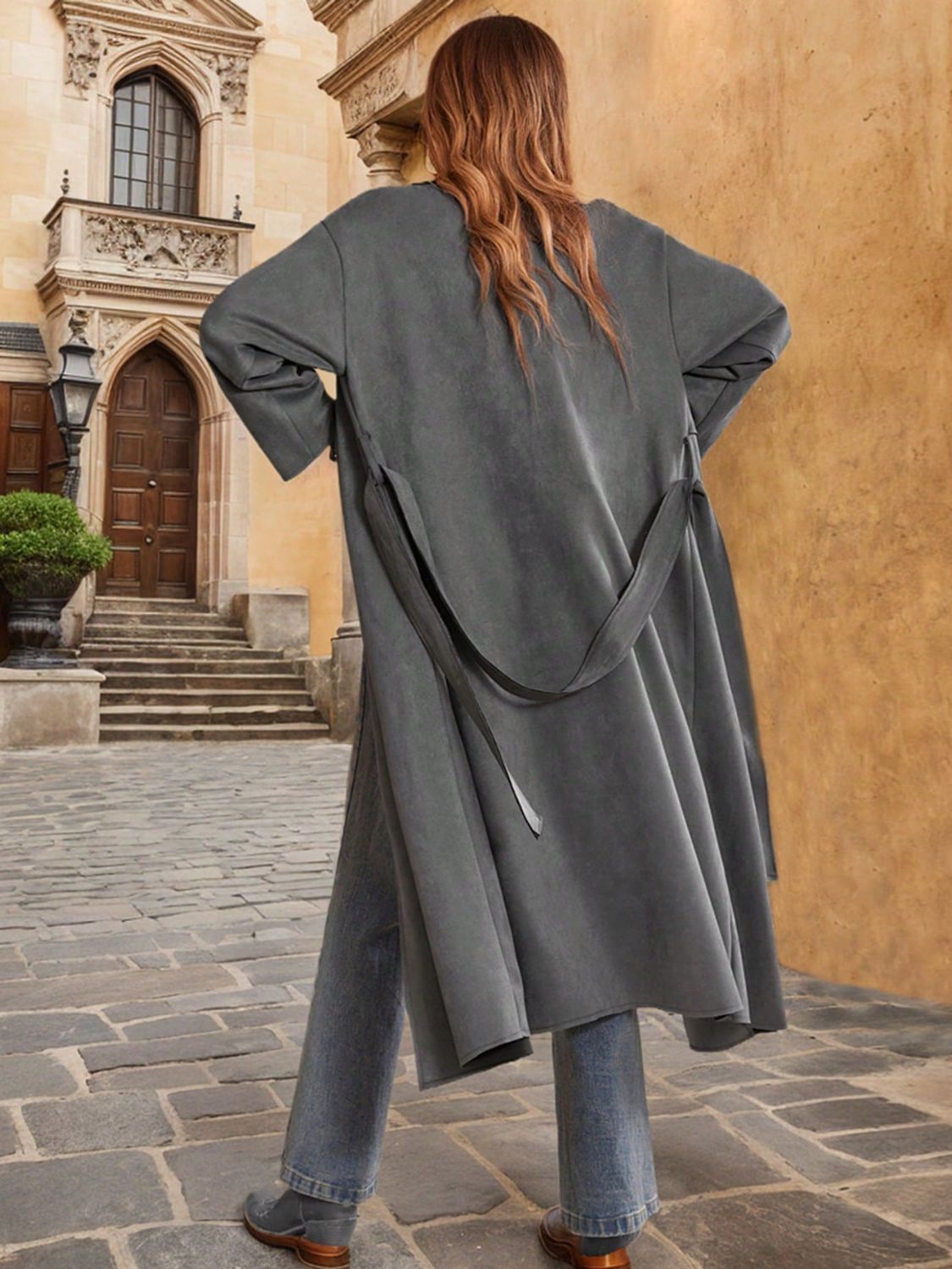 Tie Waist Long Sleeve Coat - Luxe4Everyday Dark Gray / M Coat