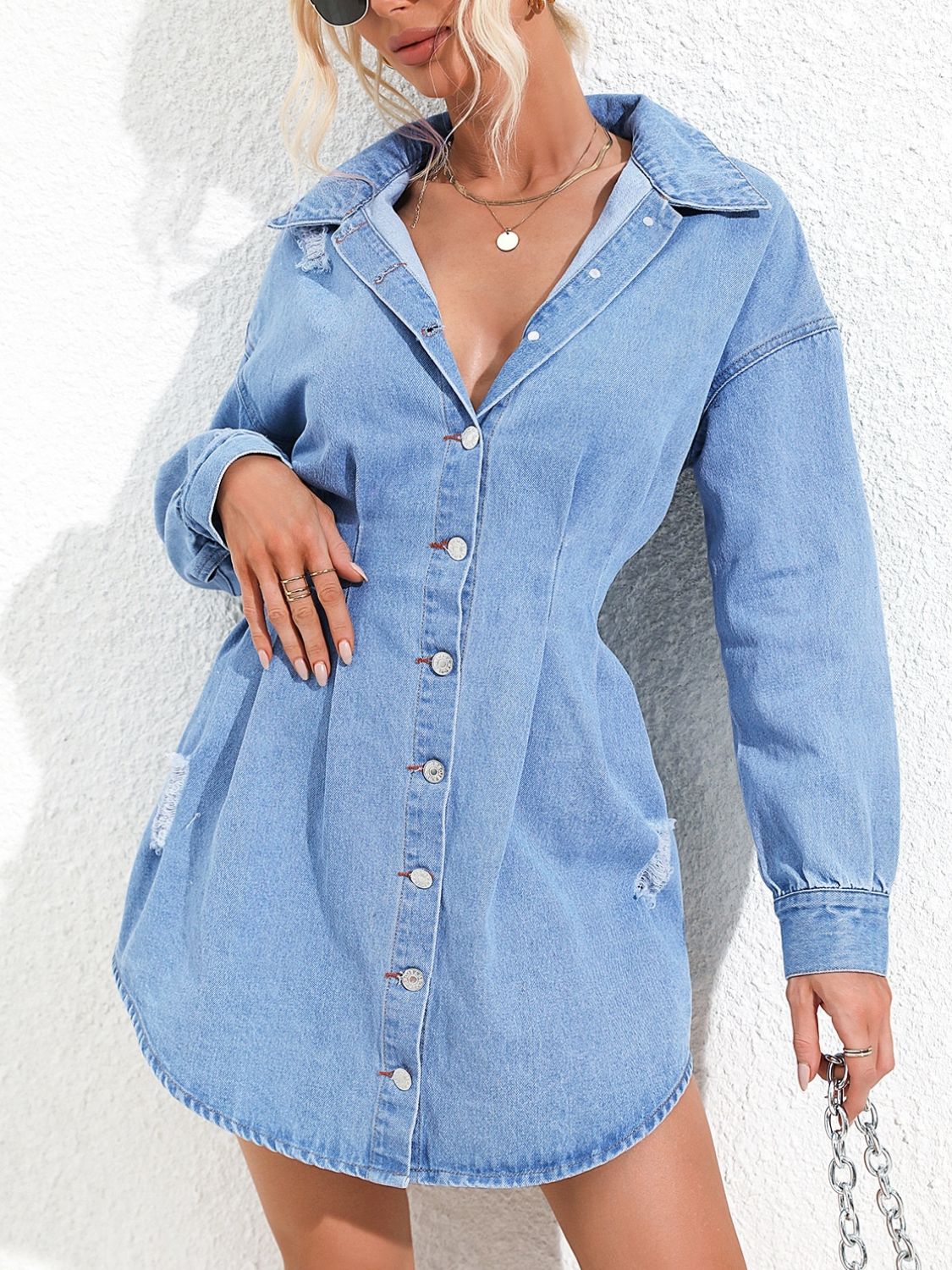 Distressed Button Up Long Sleeve Denim Dress - Luxe4Everyday Dress