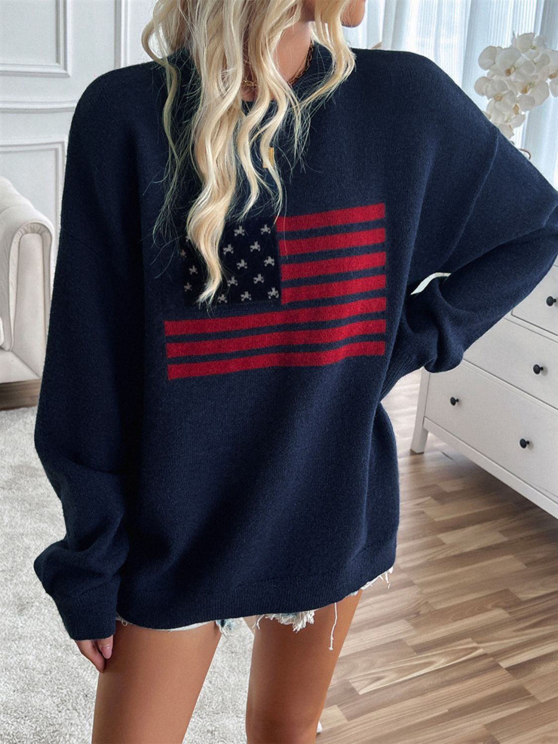 Devine US Flag Round Neck Long Sleeve Knit Top - Luxe4Everyday Sweater