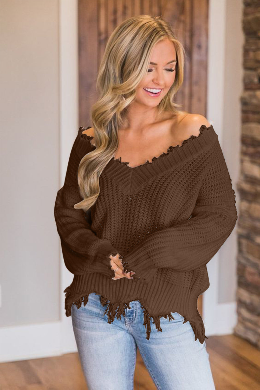 Frayed Hem Dropped Shoulder Sweater - Luxe4Everyday Sweater