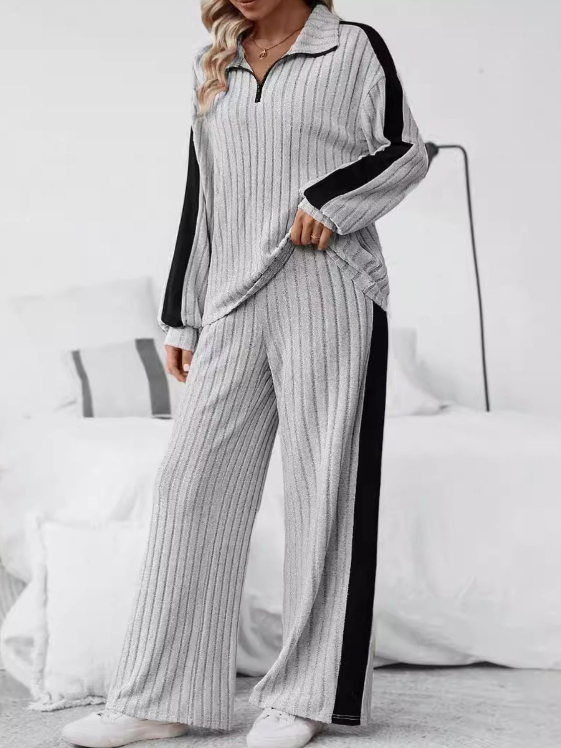 Plus Size Half Zip Long Sleeve Top and Pants Set - Luxe4Everyday Gray / XL Two-piece sets