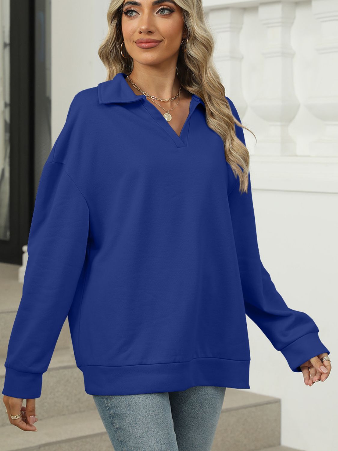 Johnny Collar Long Sleeve Sweatshirt - Luxe4Everyday Sweater