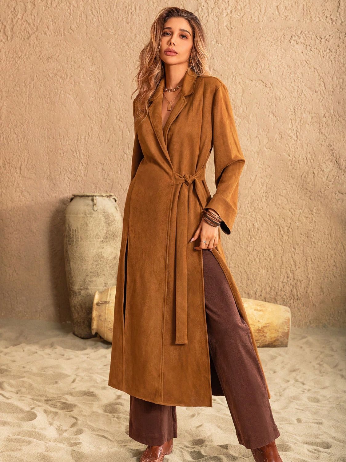 Slit Tied Collared Neck Longline Coat - Luxe4Everyday Caramel / S Coat