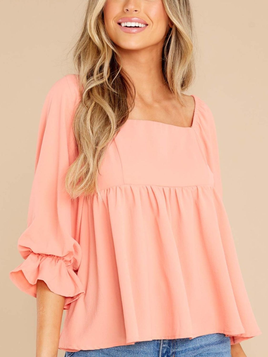 Smocked Square Neck Flounce Sleeve Blouse - Luxe4Everyday Watermelon pink / S Shirt