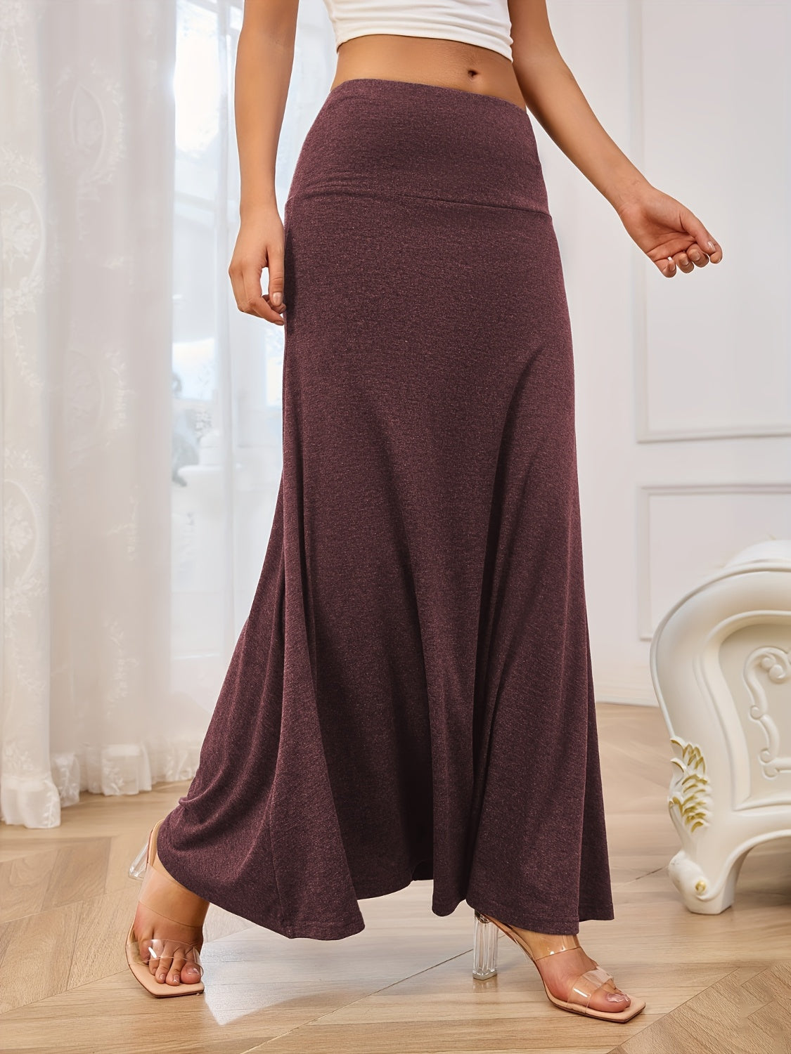 Solid Elastic Waist Maxi Skirt - Luxe4Everyday Burgundy / S Skirt