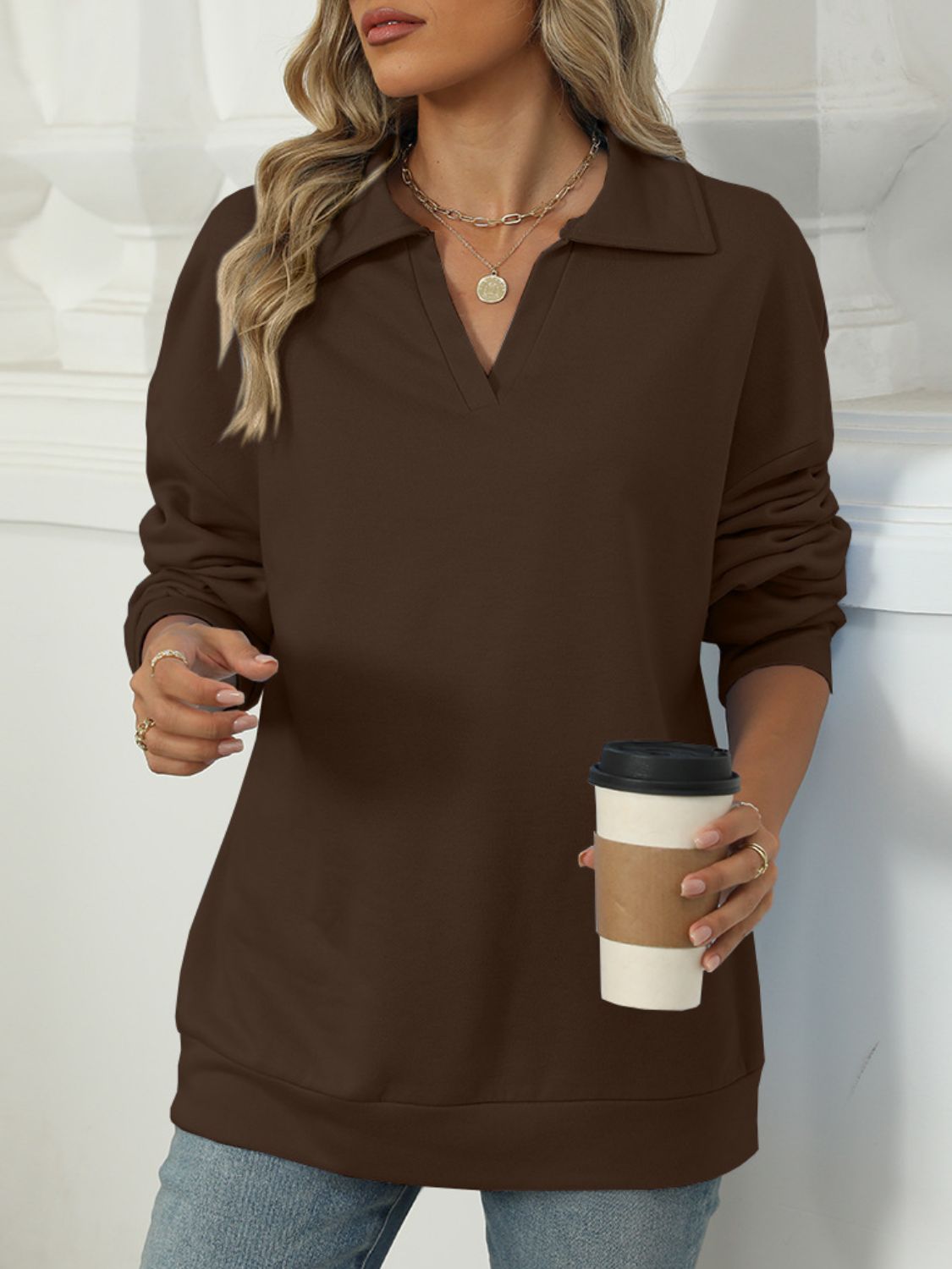 Johnny Collar Long Sleeve Sweatshirt - Luxe4Everyday Sweater