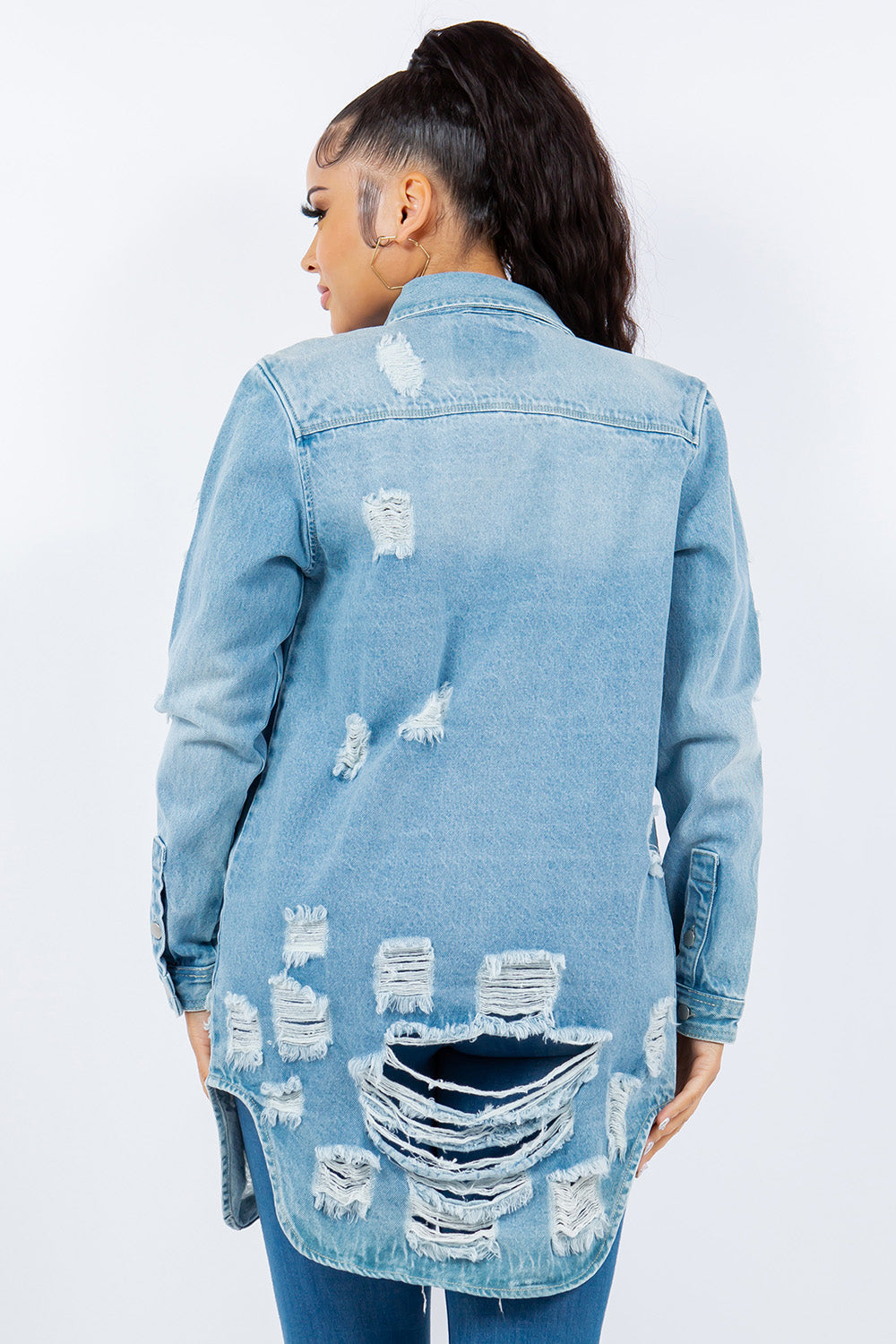 American Bazi Distressed Button Up Long Sleeve Denim Jacket - Luxe4Everyday Jacket