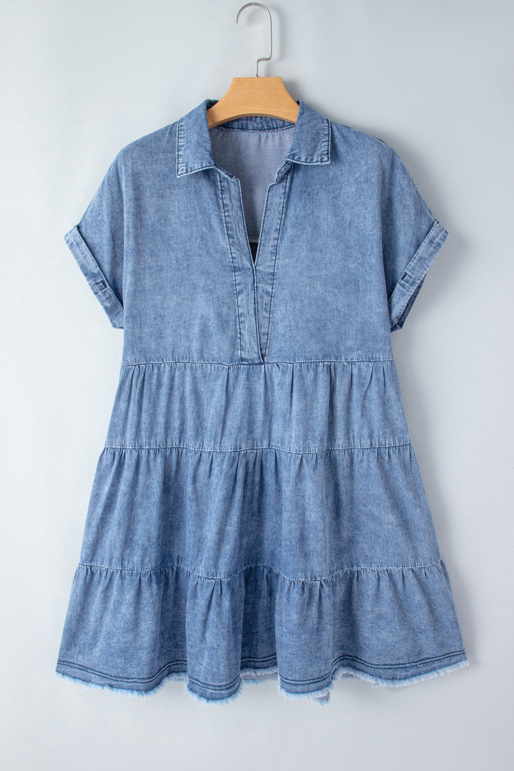 Raw Hem Collared Neck Short Sleeve Denim Dress - Luxe4Everyday Dress