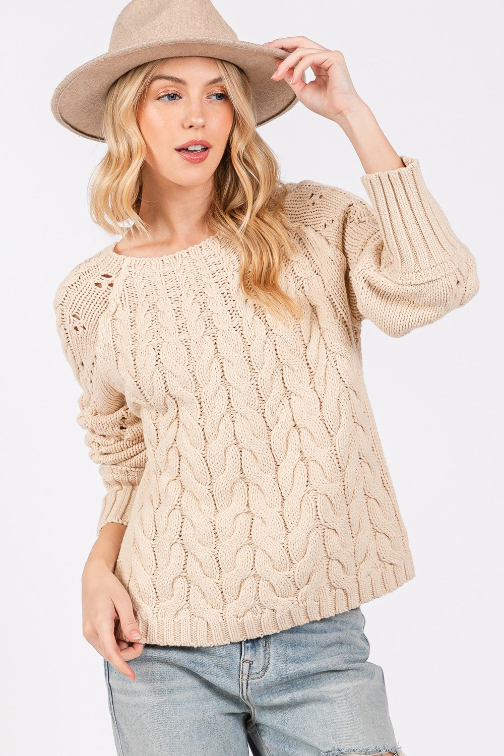 SAGE + FIG Cable-Knit Long Sleeve Sweater - Luxe4Everyday Natural / S Sweater