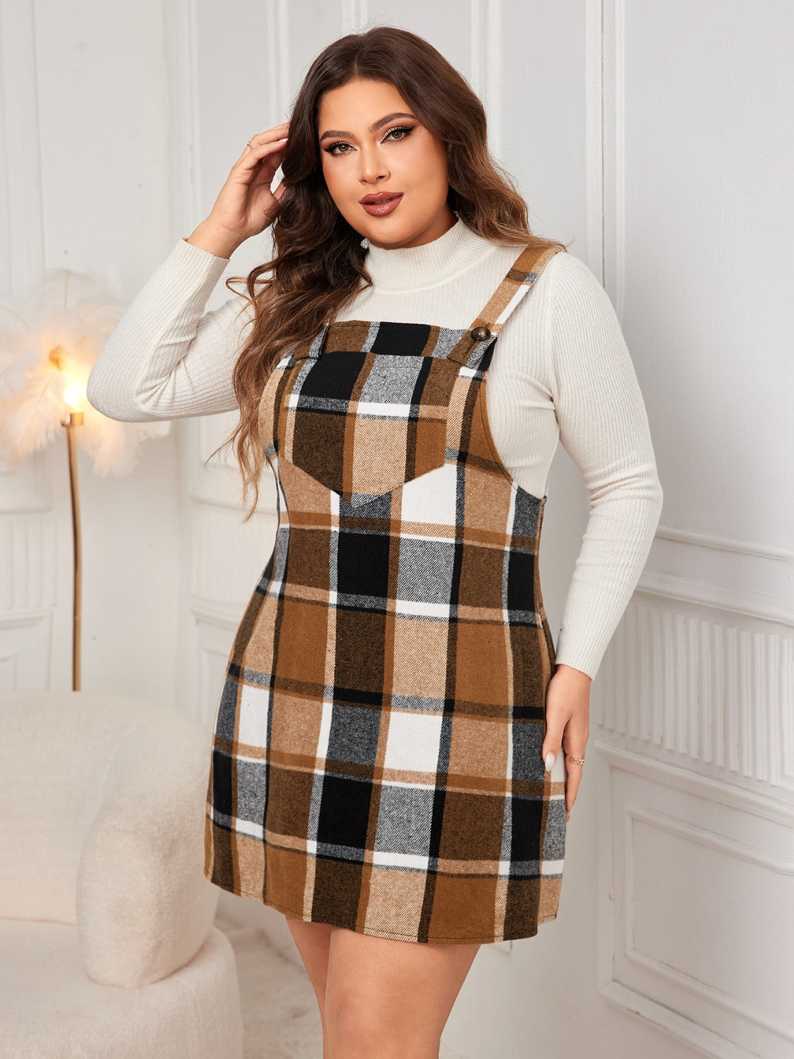 Honey Plus Size Plaid Wide Strap Overall Dress - Luxe4Everyday Caramel / 1XL Dress