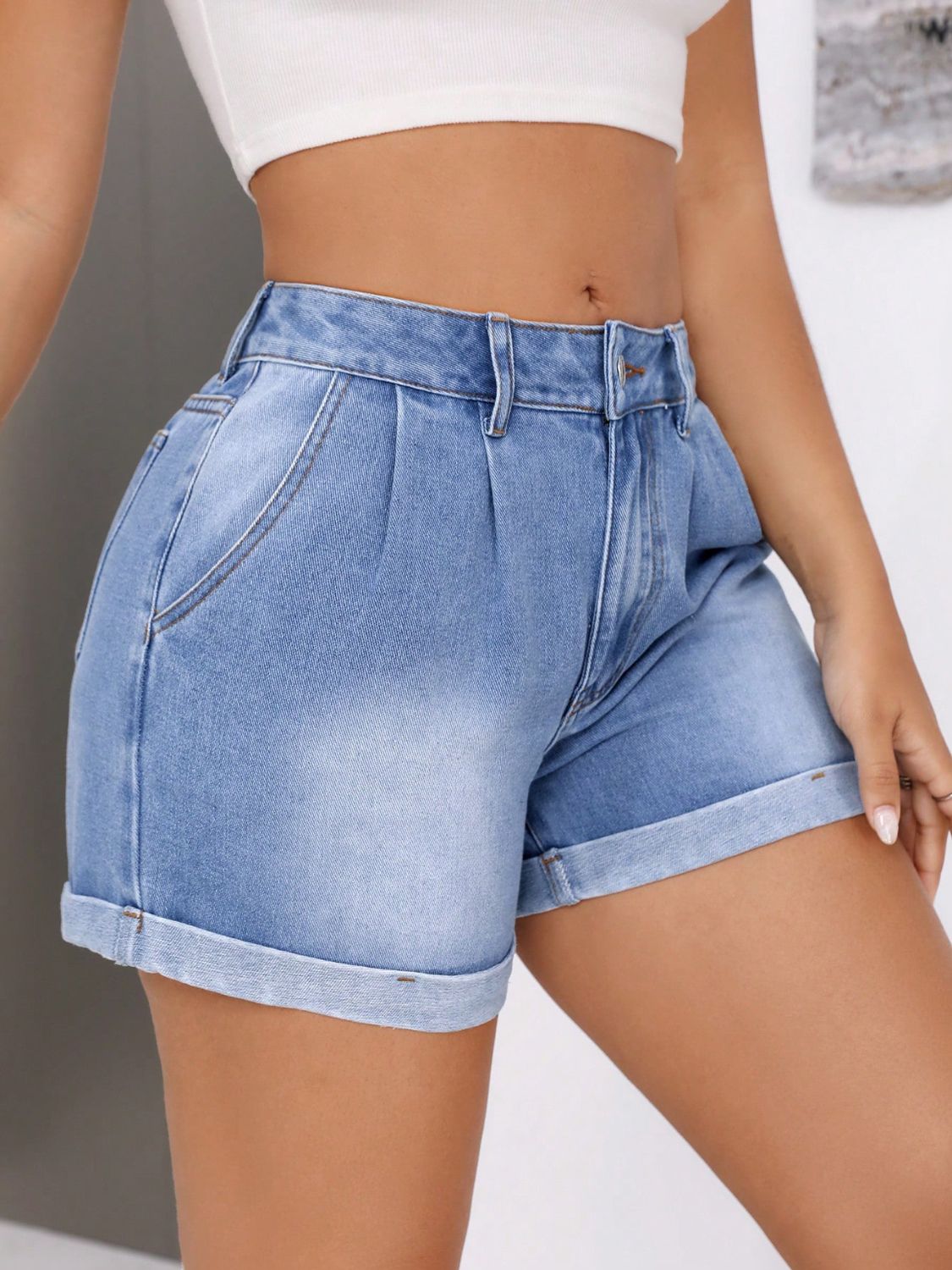 Rolled Hem Mid-Rise Waist Denim Shorts - Luxe4Everyday Shorts